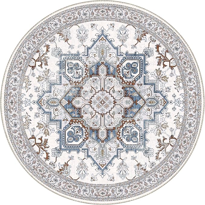 OPPODREAM Thin Round Rug 4ft, Neutral Washable Circle Rug 4ft with Non Slip Backing Play Room, Low-Pile Carpet 4 ft, Small Faux Cashmere Throw Carpet, Cream White & Blue & Light Brown