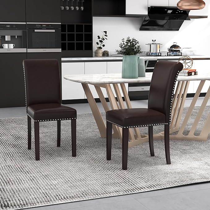 Westice Dining Room Chairs Set of 2 Upholstered PU Leather Kitchen Chairs Dining Room Side Chair with Nailhead Trim and Rubber Wood Legs for Small Space Apartment, Brown