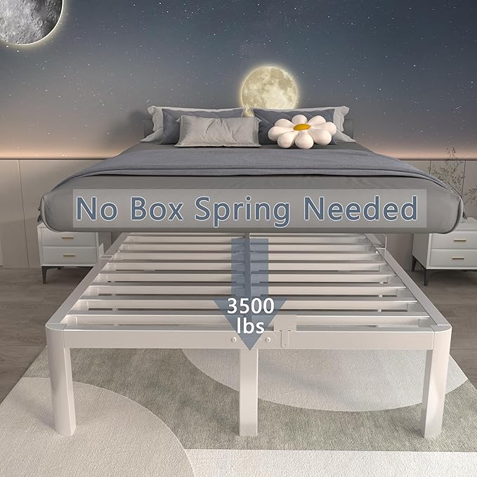 ITIMIDI 14 Inch White Full Size Bed Frame, Full Metal Platform Bed Frames with Round Corner Legs, Heavy Duty Steel Support 3500 LBS, Storage Space, No Box Spring Needed, Noise Free, Easy Assembly