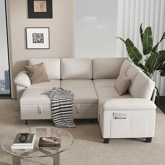 76.8" Modular Sectional Sleeper Sofa with Pull Out Bed,U Shaped 5 Seat Sectional Sofa with Storage,Modular Couch for Living Room,Deep Seat Couch with Removable Sofa Cover,Beige