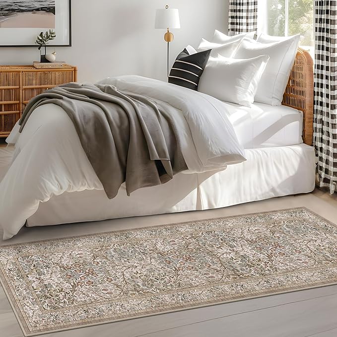 Non Slip 2x5 Moss Green Bathroom Runner Rug - Small Runner Rugs, Washable Kitchen Floor Mat, Bedroom, Laundry Room, Hallway Runner - Vintage Oriental Taupe Dark Décor