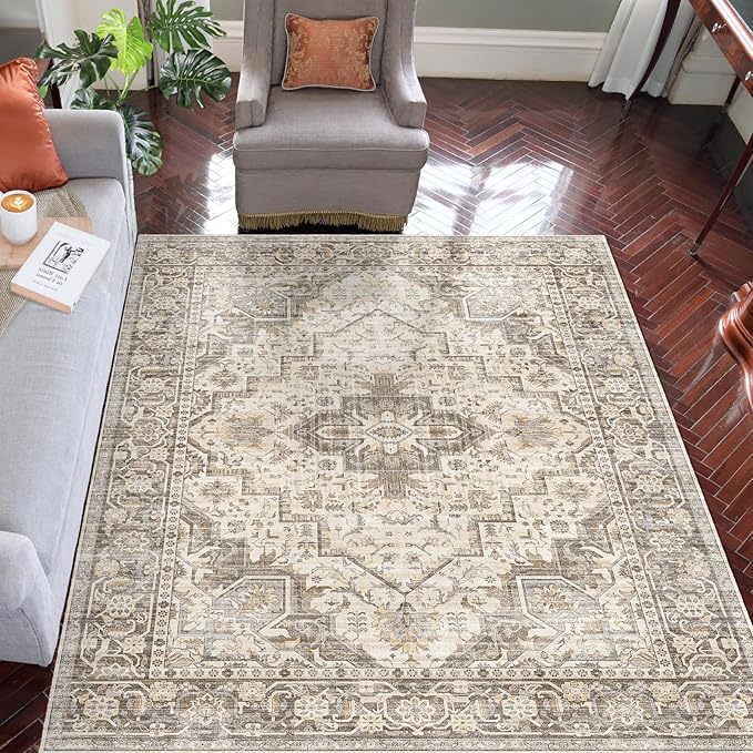 Area Rug 5x7 Rugs for Living Room, Area Rugs Washable Rugs, Vintage Rug for Bedroom Dinning Room, Home Decor Living Room Area Rugs (Brown Beige 5X7)