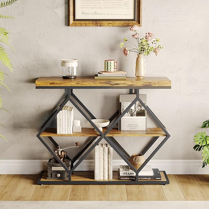 Garvee 3-Tier Entryway Table, Industrial Console Sofa Table with Storage, Accent Tables with Open Shelves, Diamond-Shaped Metal Frame, Foyer Tables for Entryway, Hallway, Rustic Brown