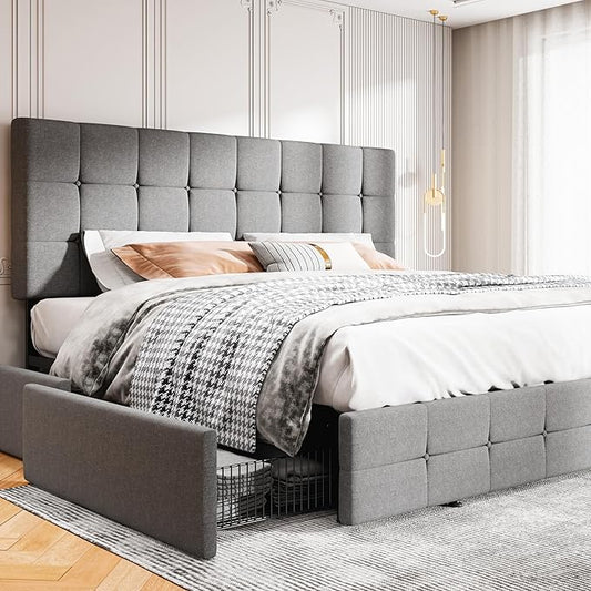 MUTICOR King Size Bed Frame with 4 Storage Drawers, Upholstered Platform Bed with Button Tufted Adjustable Headboard, No Box Spring Needed, Easy Assembly, Square Tufted, Light Grey Fabric