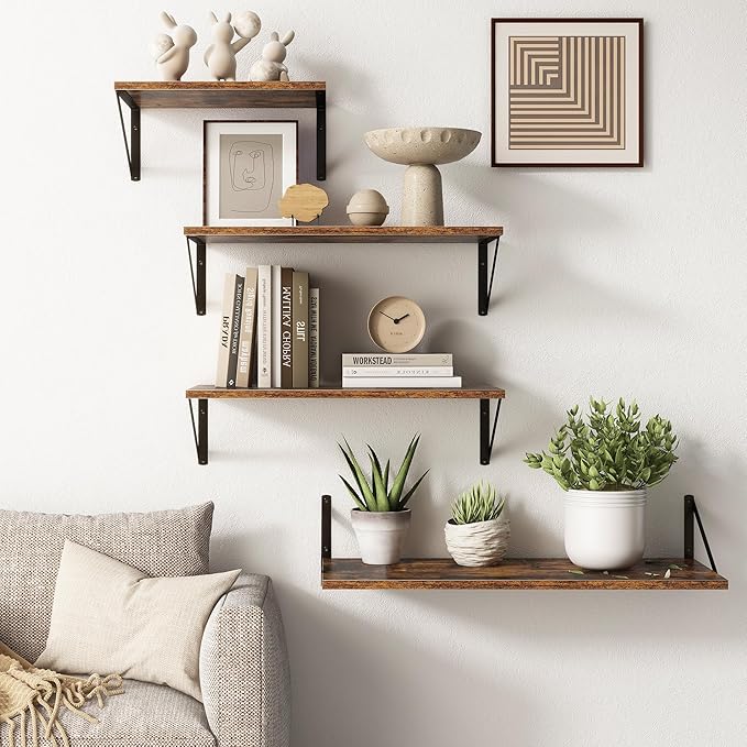 Deep Floating Shelves for Wall, 24"W x 10"D Wall Shelves Set of 2, 10 Inch Deep Floating Shelf with Brackets, Wide Display & Storage Shelves for Books, Living Room, Kitchen, Bathroom, Rustic Brown