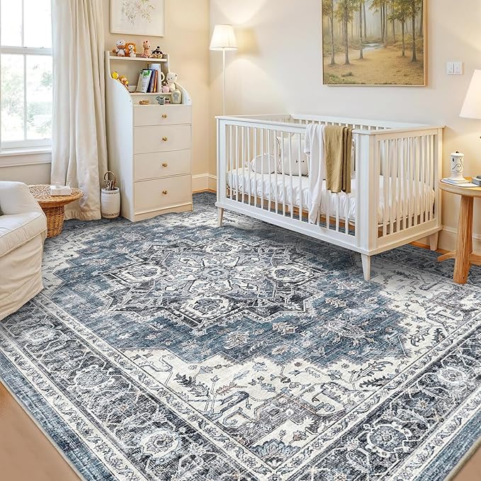 5x7 Area Rugs for Living Room Ultra-Soft Washable Rug Vintage Distressed Boho Area Rug, Non-Slip Retro Print Low Pile Stain Resistant Carpet for Bedroom Dining Room Kitchen Office