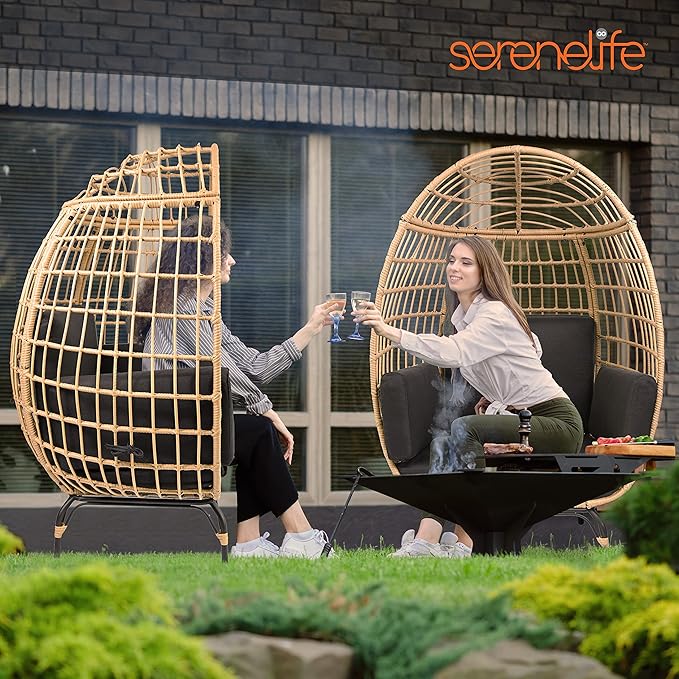 SereneLife Black Wicker Rattan Egg Chair for Indoor and Outdoor Use - Comfy Sofa Chair with 4 Washable Cushions, Durable Powder-Coated Steel Frame, Stylish Ribbed Back, Supports up to 440lbs