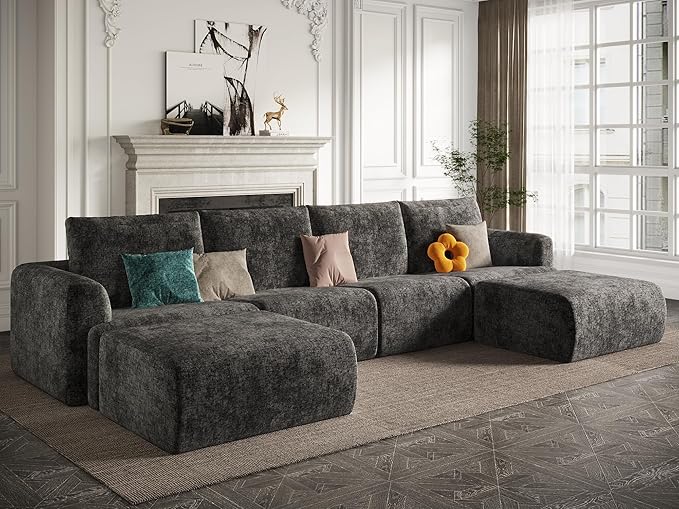EASE MOOSE Boneless Modular Cloud Couch, Oversized U-Shaped Sectional Sofa for Living Room with Ottoman, Extra Large Movable Couches, 6-Deep-Seat Sofas for Bedroom, Apartment, Chenille (Dark Grey)