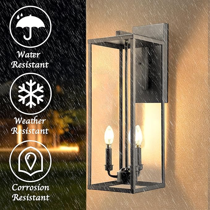 Bestshared Outdoor Wall Lantern Light, 24 Inch Tall Large Wall Sconce Clear Glass, Anti-Rust Modern Black Outside Lantern Lamp for House Front Porch Doorway Patio