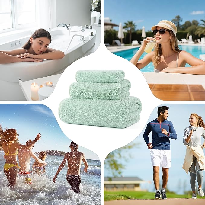 Ring Spun Terry Microfiber Bath Towel Set, 3 Piece, Oversize, Quick Dry, Lint Free, Includes Bath, face, and Hand Towels (Green)