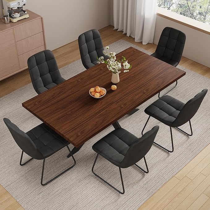 ZckyCine 7-Piece Dining Table Set with 51"-67" Extendable Walnut Wood Table and 6 PU Leather Chairs, Modern Rectangular Kitchen Table Set with Metal Legs, Seats 6, Easy Assembly