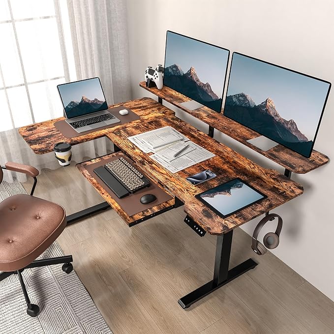 59 Inch L Shaped Standing Desk with Shelves and Keyboard, Electric Corner Standing Desk Adjustable Height, Sit Stand Computer Table with Reversiable Splice Board，Rustic Brown