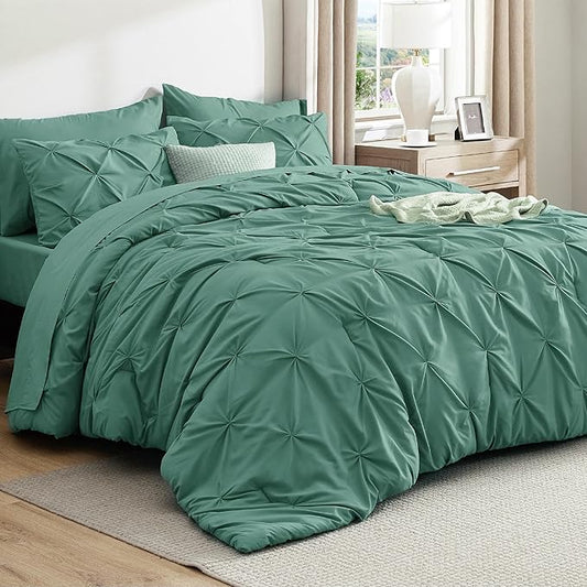 Bedsure Twin Comforter Set Graysih Green - Bed in a Bag Twin Size Bedding 5 Pieces, GentleSoft™ Pintuck Bed Set Gift for Family, Pinch Pleat Graysih Green Comforter with Sheets, Pillowcase & Sham