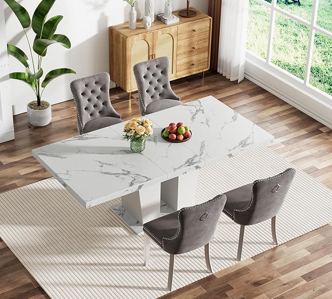 Goujxcy 5-Piece Extendable Dining Table Set for 4-8 People 63-78 Inch Kitchen Table Set with 4 Grey Upholstered Chairs Modern White Faux Marble Rectangular Dining Room Table Set for Kitchen Apartment