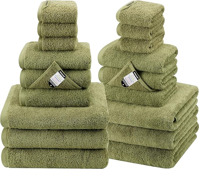 SEMAXE 18-Pack Bath Towel Set Include 6 Bath Towels, 6 Hand Towels, 6 Wash Cloths, 100% Cotton Bathroom Towels with Hanging Loops and Nano-Bio Lifecycle Labels, Soft and Absorbent Towel, Green