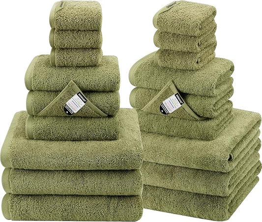 SEMAXE 18-Pack Bath Towel Set Include 6 Bath Towels, 6 Hand Towels, 6 Wash Cloths, 100% Cotton Bathroom Towels with Hanging Loops and Nano-Bio Lifecycle Labels, Soft and Absorbent Towel, Green