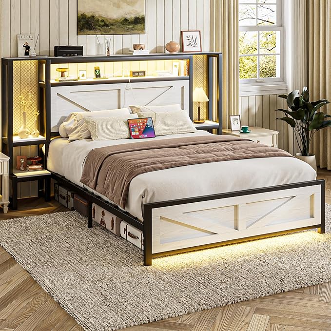 Queen Size Rustic Bed Frame with Storage Born Door Headboard and Bedside Storage, Industrial Farmhouse Metal Platform Bed Frame with Charging Station and LED Lights, White