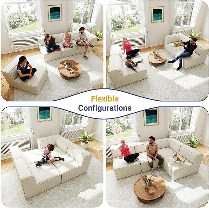 97" Sectional Compressed Sofa Modular Couches,High-Density Foam No Assembly Required,3-Piece(1xCorner 3xArmless) for Living Room, Chenille Beige White