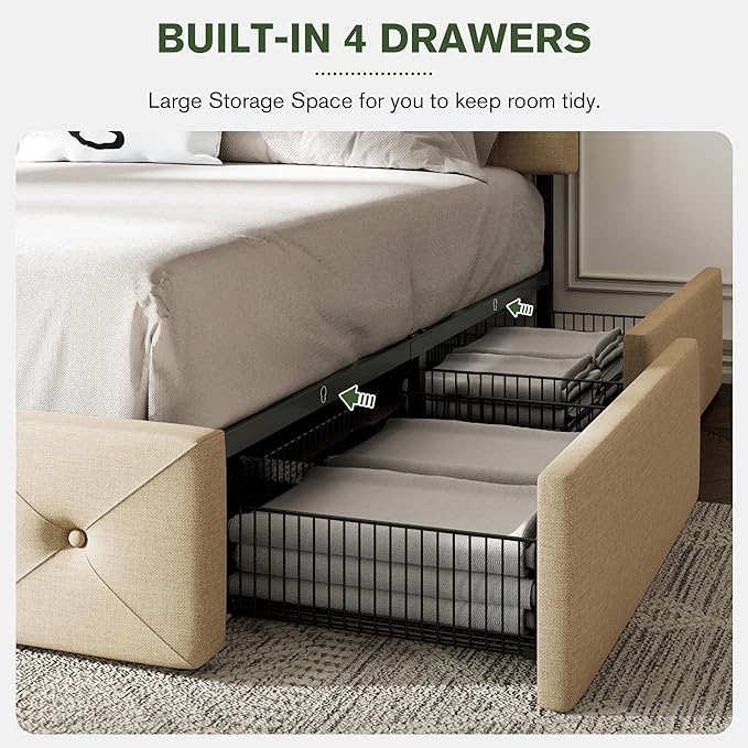 MUTICOR King Size Bed Frame with 4 Storage Drawers, Upholstered Platform Bed with Button Tufted Adjustable Headboard, No Box Spring Needed, Easy Assembly, Diamond Tufted, Beige Fabric