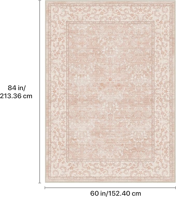 GENIMO 5x7 Washable Area Rug, Non-Slip Vintage Boho Floral Carpet, Soft Low-Pile Thin Bedroom Rug for Living Room, Dining Room, Nursery, Pink White