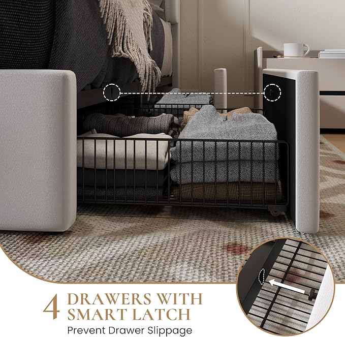 SHA CERLIN King Size Platform Bed Frame with 4 Storage Drawers, Velvet Upholstered Headboard, Mattress Foundation with Wooden Slats Support, No Box Spring Needed, Easy Assembly, White