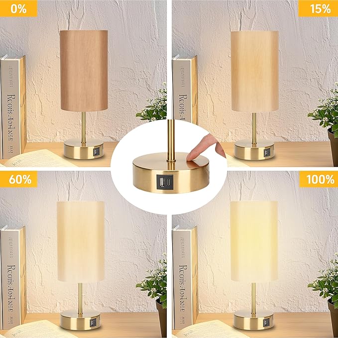 Bedside Table Lamp for Bedroom - 3 Way Dimmable Touch Lamp USB C Charging Ports and AC Outlet, Gold Base Round Flaxen Fabric Shade for Living Room, Desk, LED Bulb Included(Gold Touch Control)