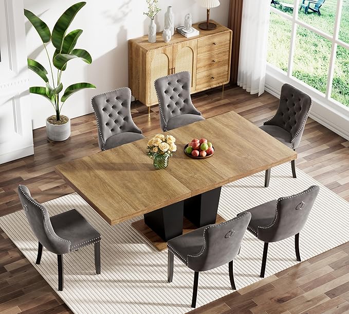 Goujxcy 7-Piece Extendable Dining Table Set for 6-8 People 63-78 Inch Kitchen Table Set with 6 Velvet Upholstered Chairs Farmhouse Rectangular Dining Room Table Set for Kitchen Dining Room Apartment