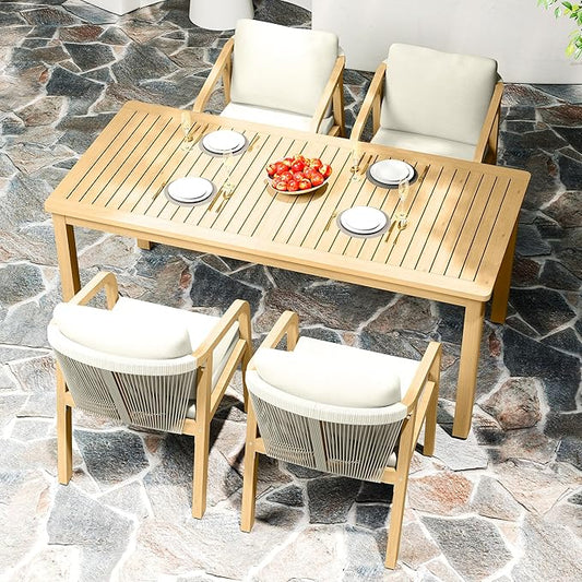 5-Piece Outdoor Dining Set for 4 with 23" Extra Wide Chair and Cushion，Patio Table and Chairs Set with All Acacia Wood Frame, All-Weather Outdoor Patio Furniture Set for Garden Lawn, Beige