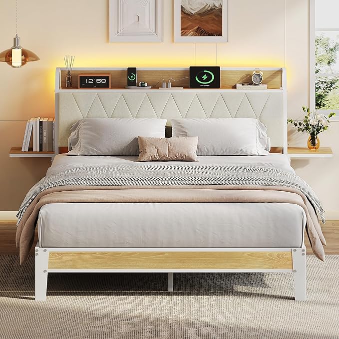 WLIVE Queen Size Upholstered Bed Frame with 2 Side Shelves, Linen Tufted Storage Headboard with Charging Ports and LED Light, Metal Solid and Stable, No Box Spring Needed, Easy Assembly, Beige