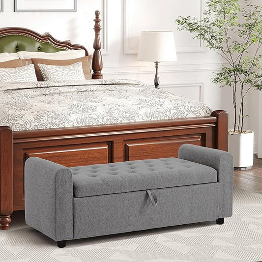Ottoman with Storage, Tufted Storage Bench for Bedroom, 48" Fabrics End of Bed Bench, Upholstered Entryway Shoe Benches with Rolled Arm & Inner Zipper, Window Ottomans Chest without Rivets, Dark Grey