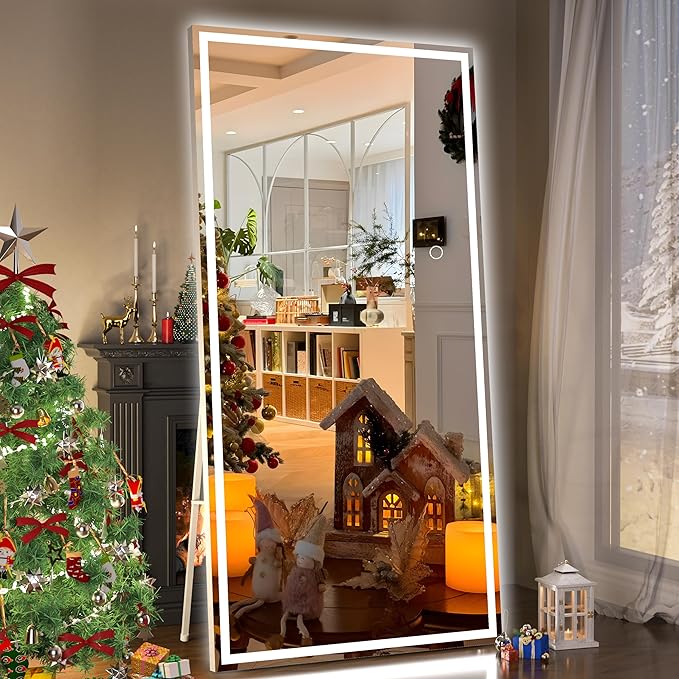 Hasipu Full Length Mirror with Lights, 79" x 36" LED Lighted Floor Standing Mirror, Full Body Dressing Hanging Mounted Mirrors, Dimmable, Tempered Glass, Safe to Use, Square White