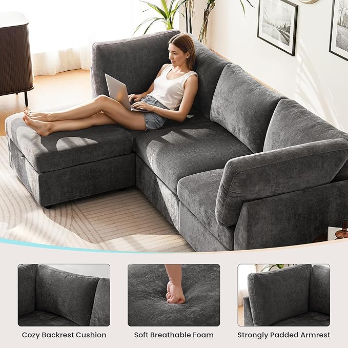 TEKAMON 123" Modular Sectional Sofa,Extra Large Comfy Cloud 4-Seat Deep Seat, Reversible Chaise Modular Sectional Couches for Living Room and Apartmenr,Grey