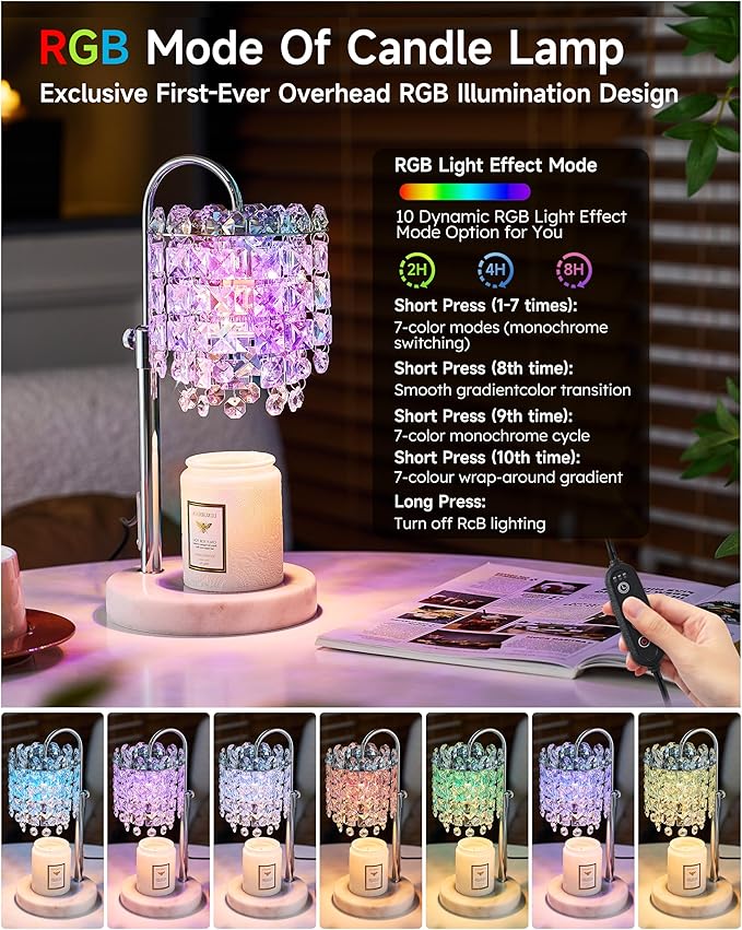 Candle Warmer Lamp with Timer & Dimmable Crystals Candle Lamp Warmer with RGB Mode, Adjustable Height Electric Candle Warmer with 3 Bulbs for Women Mom House Warming Gifts New Home Room Decor