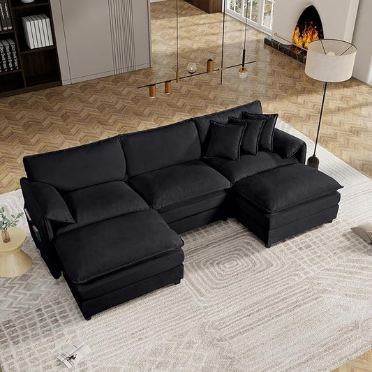 109.45" Oversized Extra Deep Seat Modern Chenille Cloud Couch, Large 3 Seater U Shape Modular Sofa for Living Room,Bedroom,Apartment,Office (Black, 109.45 Inch-U Shape)