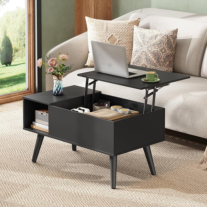 WLIVE Coffee Table for Living Room, Small Coffee Table with Storage, Lift Top Modern Wooden Dining Center Table with Storage Shelf & Hidden Compartment, 31.5" Black