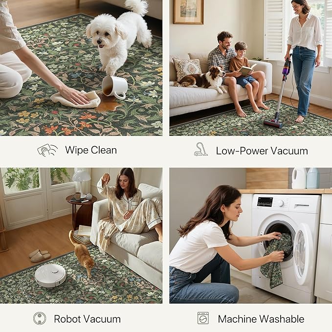 GENIMO 5x7 Floral Area Rug for Living Room, Vintage Boho Non-Slip Carpet, Soft Low-Pile Lightweight Indoor Rug, Stain Resistant Thin Rug for Bedroom, Dining Room, Nursery, Emerald Green