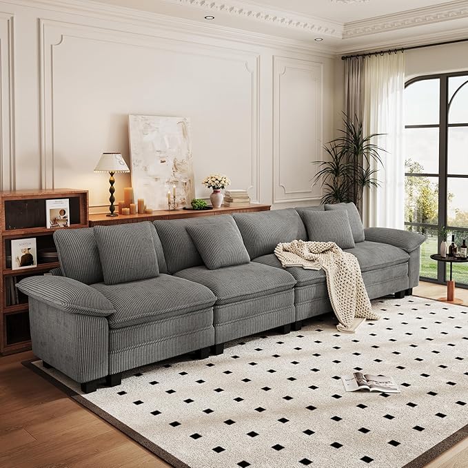 PHI VILLA Cloud Modular Couches Sets, 157.5" Sectional Sofa with Upholstered Deep Seat, 4-Seater Long Couches for Living Room Apartment, Corduroy Fabric, Grey