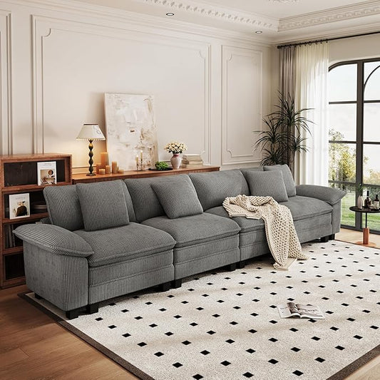 PHI VILLA Cloud Modular Couches Sets, 157.5" Sectional Sofa with Upholstered Deep Seat, 4-Seater Long Couches for Living Room Apartment, Corduroy Fabric, Grey
