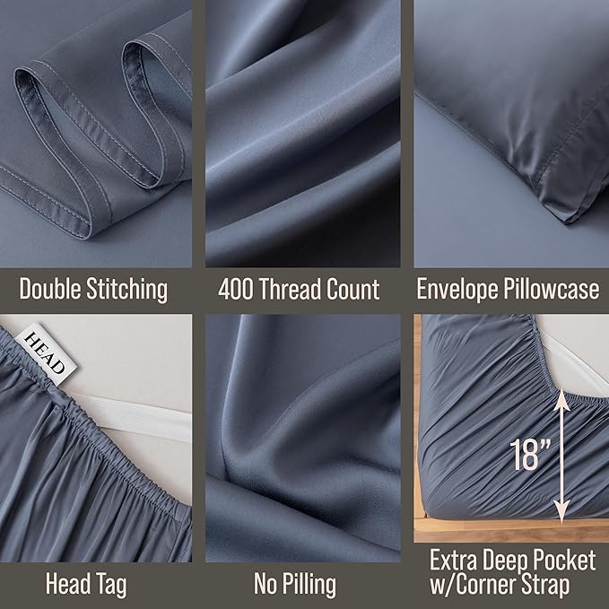 Bella Coterie 6 Piece Luxury Bamboo Viscose California King Size Sheet Set | 100% Organically Grown | Cooling for Hot Sleepers | 18" Deep Pocket | Soft & Hypoallergenic | 4 Pillowcases [Slate Blue]