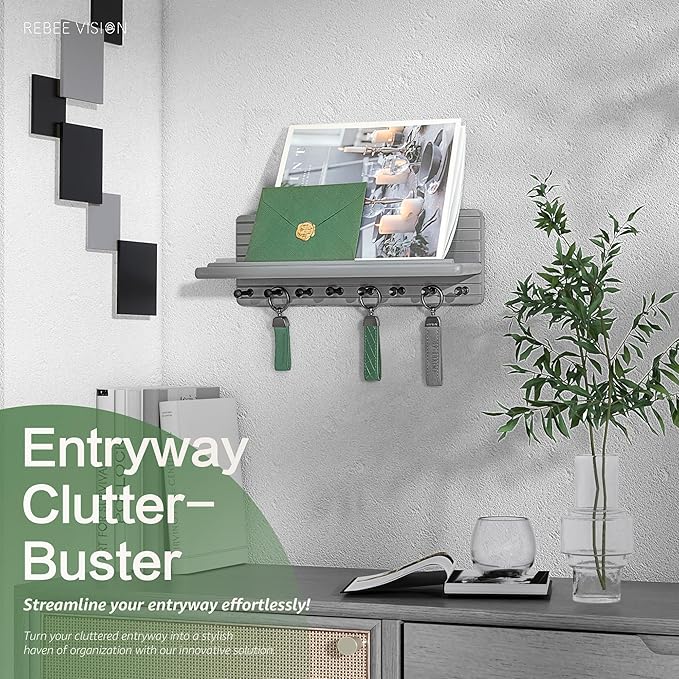 Rebee Vision Stylish Key Holder Wall Mount for Room Decor – Farmhouse Key Hanger with 8 Durable Hooks & Floating Shelf – Modern Hanger Organizer for Entryway, Living Room, or Office Decor (Gray)