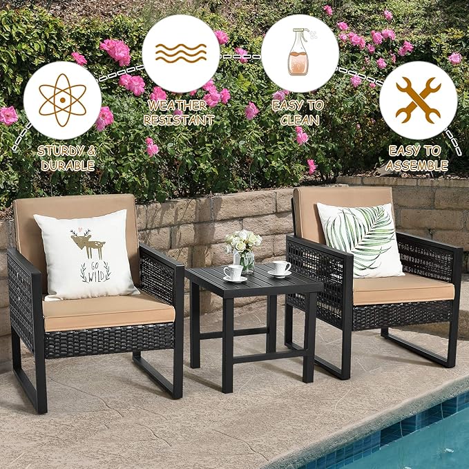 Tangkula 3 Piece Patio Wicker Bistro Set, Outdoor Rattan Sofa, Conversation Furniture w/Coffee Table, Seat and Back Cushions, Garden, Backyard, Balcony, Poolside