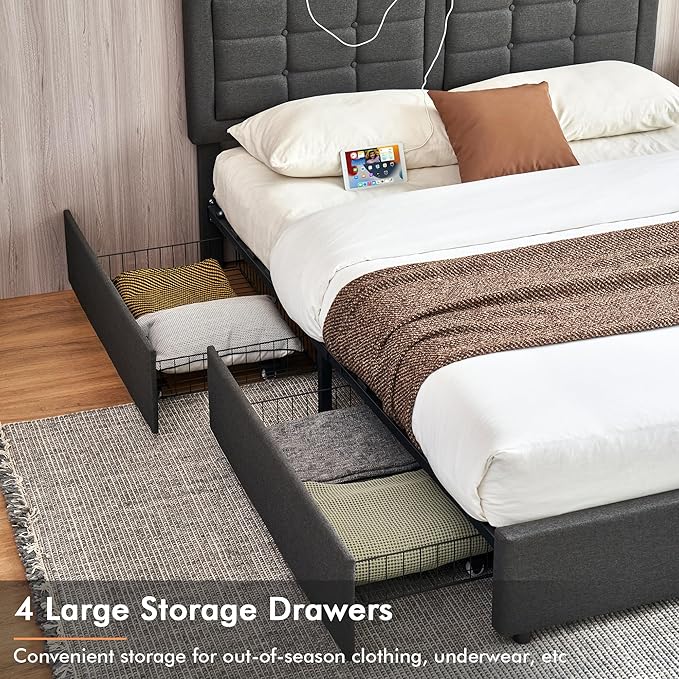 VECELO Full Size Bed Frame with 4 Drawers, Adjustable Tufted Button Headboard, Upholstered Platform with Wood Slats Support, Built-in USB and Type C Ports, Dark Gray