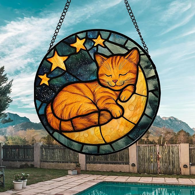 Stained Glass Window Hanging - Orange Cat Sun Catcher for Door Home Decor Stars and Moon Suncatcher Christmas Mother's Day Birthday Loss of a Pet Gifts for Women Men Mom Nana 9.8 in