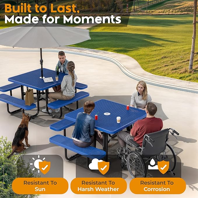 Metal Picnic Tables for Outdoors with Umbrella Hole - Coated Steel Heavy Duty Commercial Grade Furniture with Adjustable Seats (Blue, 46 in, Square, Expanded Steel)