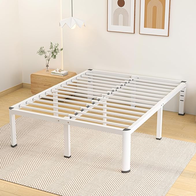 18 Inch Queen Size Metal Bed Frame with Round Corners, Storage Space Under High Bed Frame-Heavy Duty Steel Slats Support, Noise Free - Easy Assembly - No Box Spring Needed,White