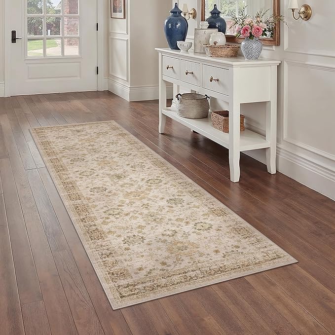 Beige 2x6 Runner Rug Hallway Non Slip Kitchen Vintage Distressed Long Carpet Indoor Machine Washable Traditional Floral Bedroom Accent Throw Rug for Office Laundry Bathroom Dining Living Room