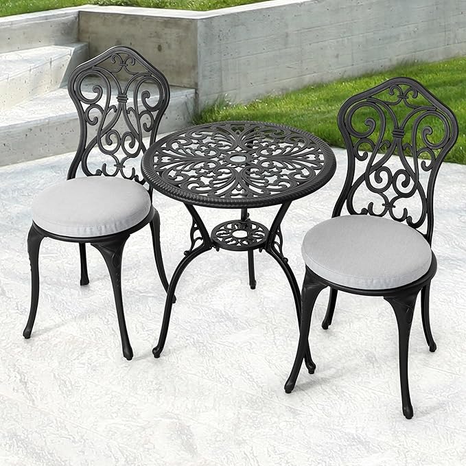 NUU GARDEN Patio 3-Piece Bistro Set with Olefin Cushions, Patio Chairs and Outdoor Round Table with Umbrella Hole, Cast Aluminum Patio Set for Lawn, Garden, Porch, Poolside, Black
