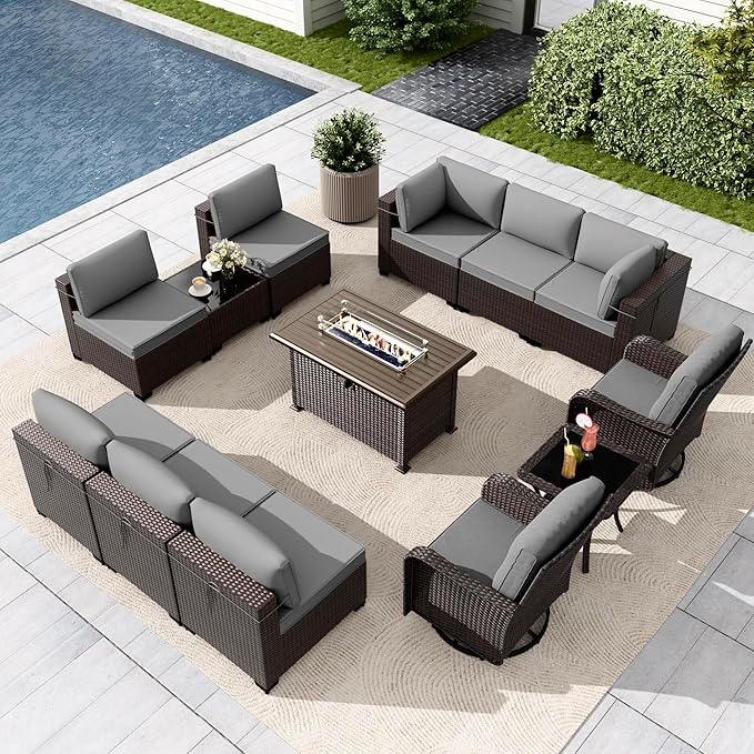 Gotland 13 Pieces Patio Furniture Set with Fire Pit Table Swivel Chairs, PE Rattan Outdoor Furniture Set with 29.5'' High Backrest 4’’ Thick Cushions Coffee Table, Patio Set for Porch, Deck, Grey