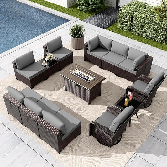 Gotland 13 Pieces Patio Furniture Set with Fire Pit Table Swivel Chairs, PE Rattan Outdoor Furniture Set with 29.5'' High Backrest 4’’ Thick Cushions Coffee Table, Patio Set for Porch, Deck, Grey