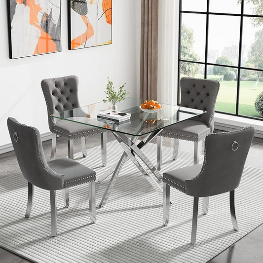 Goujxcy 5 Piece Glass Dining Table Set Modern Small Glass Dining Table Set for 4, 35.43" Square Kitchen Table and 4 Velvet Upholstered Chairs for Kitchen Dining Room, Silver & Grey
